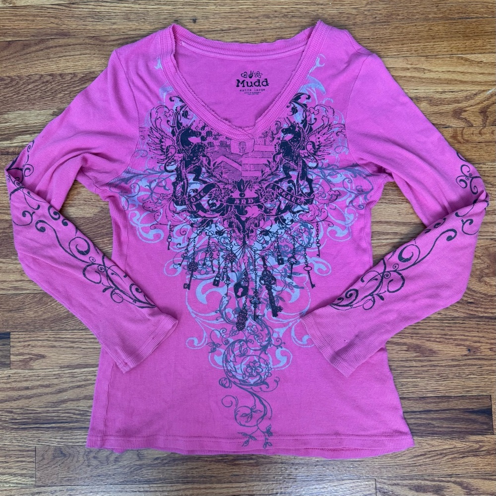Vintage 90s 2000s Mudd Pink Graphic Long Sleeve Blouse